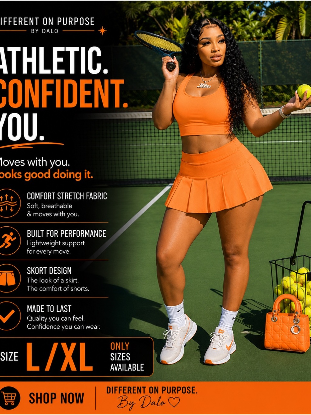 Athletic Orange Skort Set - Crop Top & Pleated Skirt